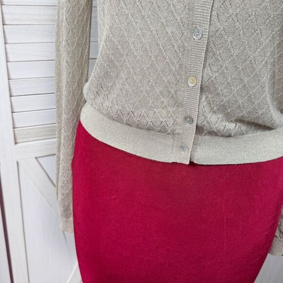 MNG Mango Pointelle Metallic Shimmer Button Up Cardigan Sweater Tan Gold Large - Picture 6 of 12